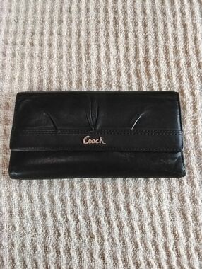 Coach Black Leather Fold-Over Wallet with Gold Logo